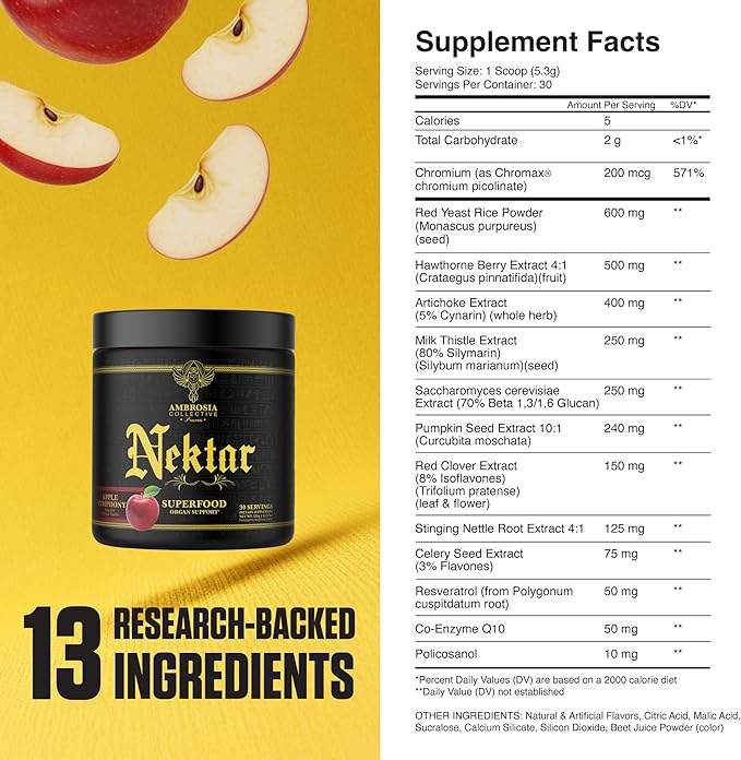 Ambrosia Nektar Superfood Powder | Cycle Support Supplement | Greens Powder Alternative | 13 Superfoods for Liver Kidney and Organ Support | 30 Servings | Apple Symphony