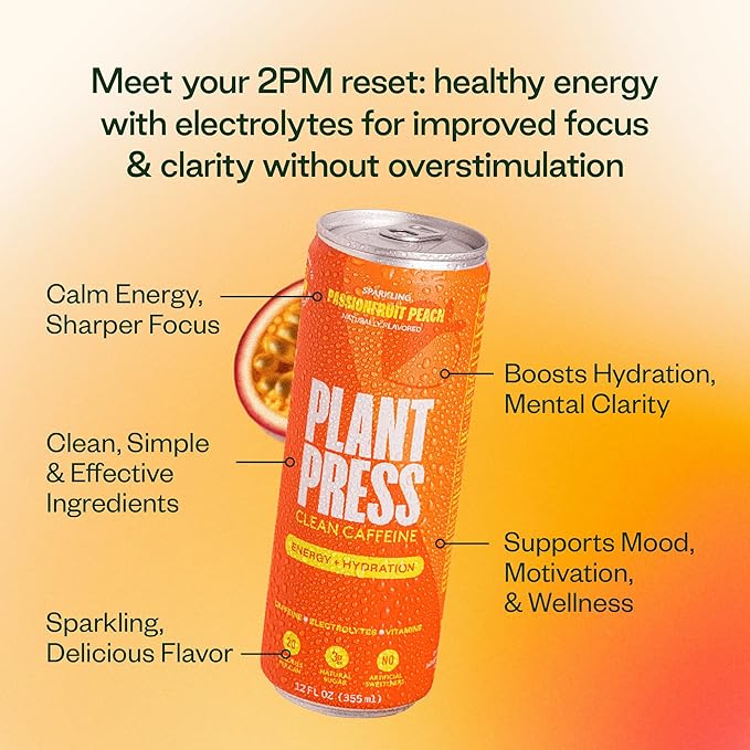 Plant Press - Organic Energy Drink 100 mg Caffeine Clean Coffee Alternative Full Range of Vitamins Electrolytes No Sugar Alcohols No Preservatives - Passionfruit Peach (12 Fl Oz 12 Pk)