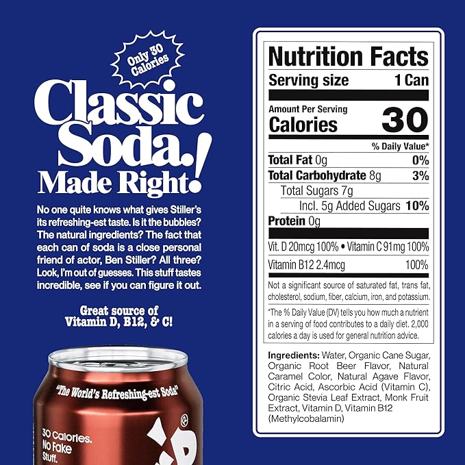 Stiller’s Root Beer Soda – 12 Pack Cans – Sparkling Root Beer Drink – Low Sugar Caffeine-Free Natural Soda Pop with Real Cane Sugar Stevia &amp Vitamins – Alternative to Diet Soda