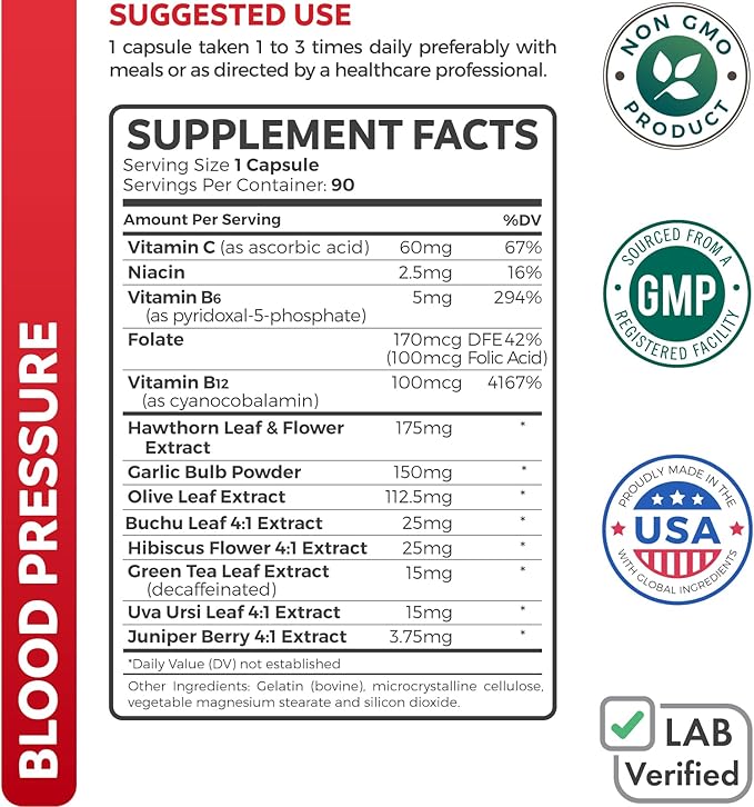 Blood Pressure Support Supplement (NON-GMO) Premium Natural Herbs Vitamins &amp Berries - High Dosage of Hawthorn Berry Extract – Supports Blood Pressure Levels Already In The Normal Range – 90 Caps