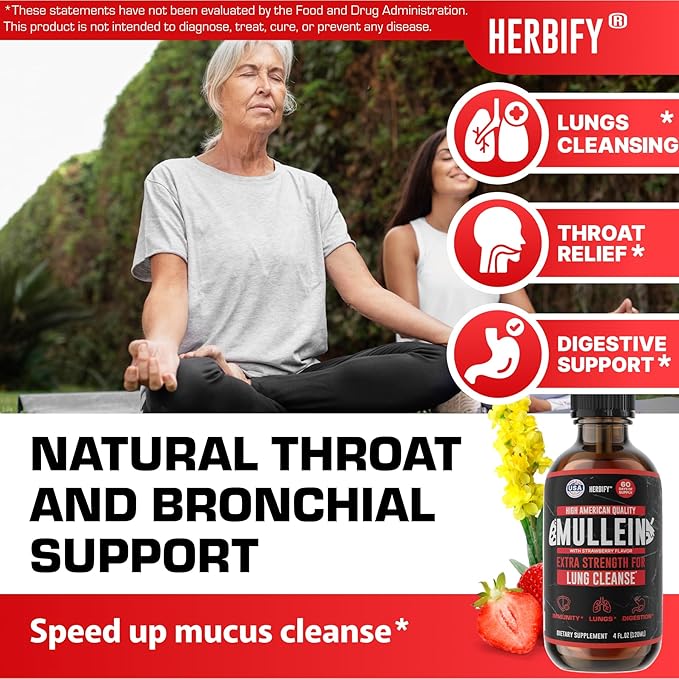 HERBIFY Mullein Drops - Lung Cleanse - Leaf Extract - Powerful Mullein for Immune Support Detox &amp Respiratory Support - Made in USA - 4 Oz Strawberry Flavor