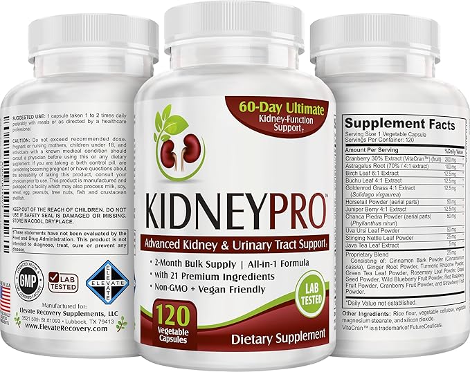 Kidney-Pro: with 21 Kidney Health Supplements in 1 Formula | All-in-1 Kidney Support Supplement | 2-Month Bulk Supply | 120 Capsules