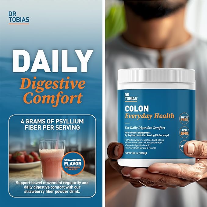 Dr. Tobias Colon Everyday Health - Gut Health for Women &amp Men - Psyllium Fiber Powder Drink with 4g Psyllium Husk Powder per Serving Vegan Gluten Free Non-GMO Strawberry Flavor 60 Servings