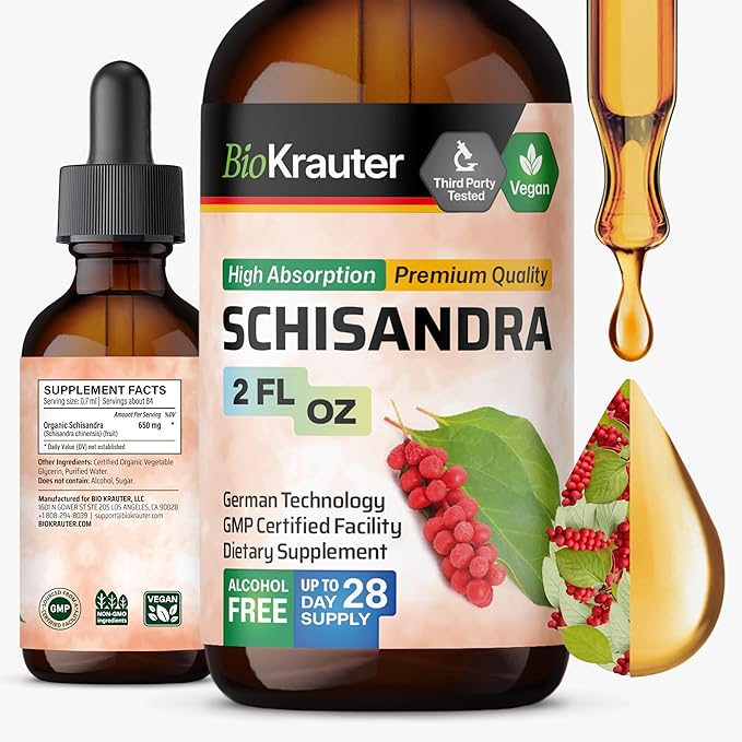 BIO KRAUTER® Schisandra - Liquid Drops Schisandra Berry 650 mg per Serving 2 Fl.Oz 28-Day Supply - Pure Vegan Calm &amp Mood Support Supplement - Alcohol &amp Sugar Free - Natural Calm Drops for Rel