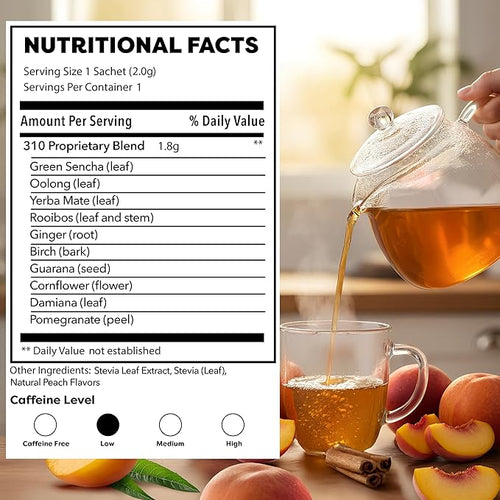 310 Nutrition Peach Flavor Detox Tea – Herbal Tea Sachets for Daily Routine – Green Tea Oolong Blend with Rooibos Yerba Mate – Fruity Herbal Tea Without Sugar Stevia-Sweetened – Pyramid Tea Bags Peac