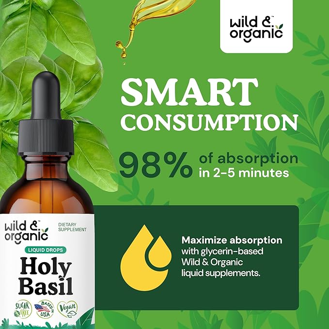 Wild &amp Organic Holy Basil Leaf Tincture - Relaxation Calmness Mood Support - Tulsi Holy Basil Supplement - Vegan Sugar &amp Alcohol-Free Herb Extract Drops - 2 fl oz