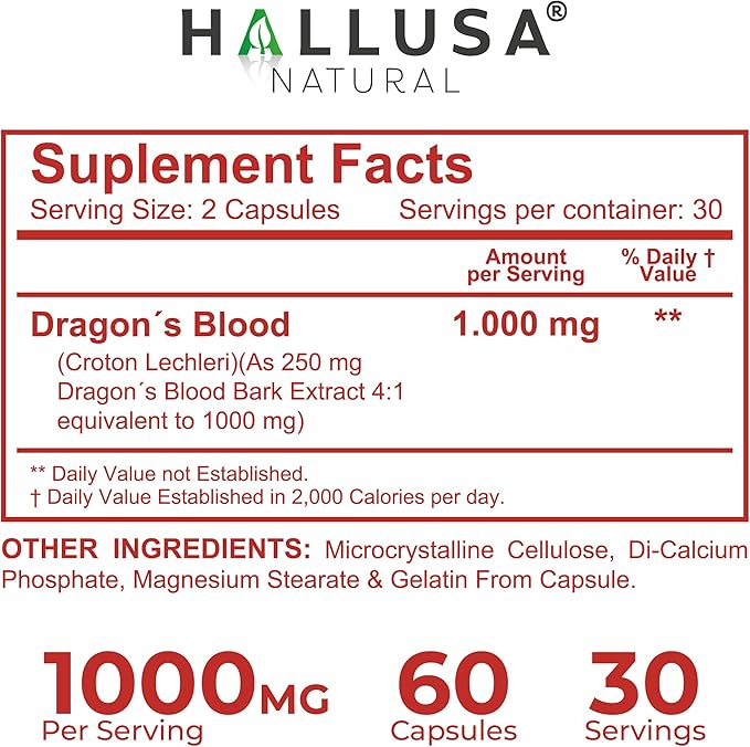 Dragon’s Blood Capsules 1000mg Croton Lechleri Extract (Sangre de Drago Sangre de Grado) Natural Digestion Support Skin Healing Ulcers Stomach Sensitivity Scarring Antioxidant Support 60 Count