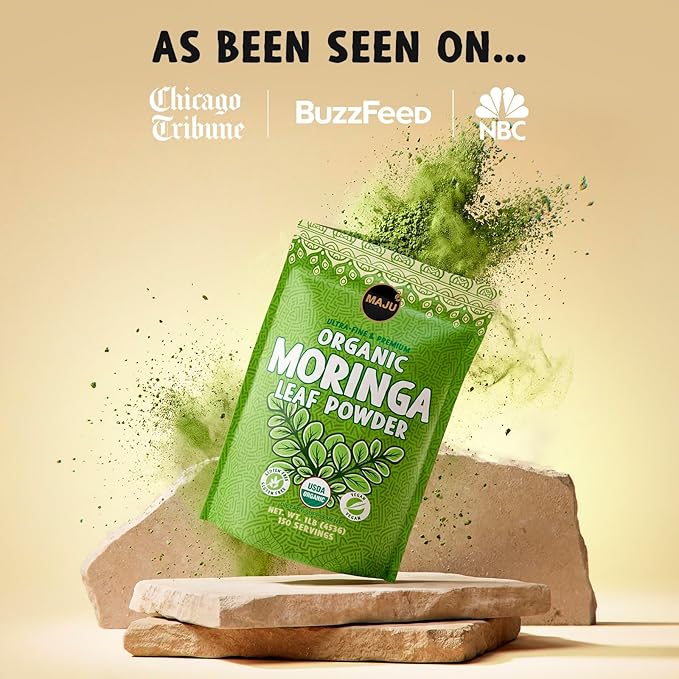 MAJU's Organic Moringa Powder (1 Pound) Oleifera Leaf Extra-Fine Quality Dried Drumstick Tree Leaves For Tea Smoothies Food-Grade