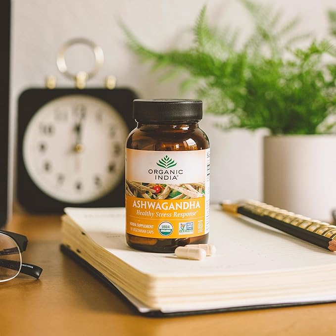 ORGANIC INDIA Ashwagandha Capsules - Organic Ashwagandha Supplement - Vegan Ashwagandha Root Gluten-Free Kosher Non-GMO Supports Stress Relief Energy and Sleep - 90 Capsules