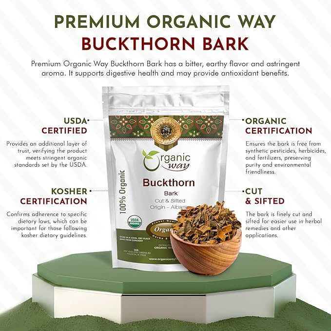 Organic Way Dried Buckthorn Bark (Frangula Alnus) Cut &amp Sifted - Organic &amp Kosher Certified | Raw Vegan Non GMO &amp Gluten Free | USDA Certified | Origin - Albania (1LBS / 16Oz)