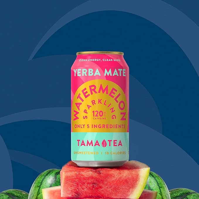 Organic Sparkling Watermelon Yerba Mate Tea Unsweetened by Tama Tea - Sugar Free Energy Drink Alternative 120mg Natural Caffeine 12 oz (12-Pack)