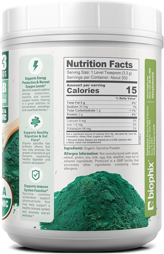 biophix Organic Spirulina Powder 2.2 Lbs 100% Pure Spirulina Blue Green Algae Powder Vegan Non GMO Non-Irradiated USDA Certified Best Protein Superfood
