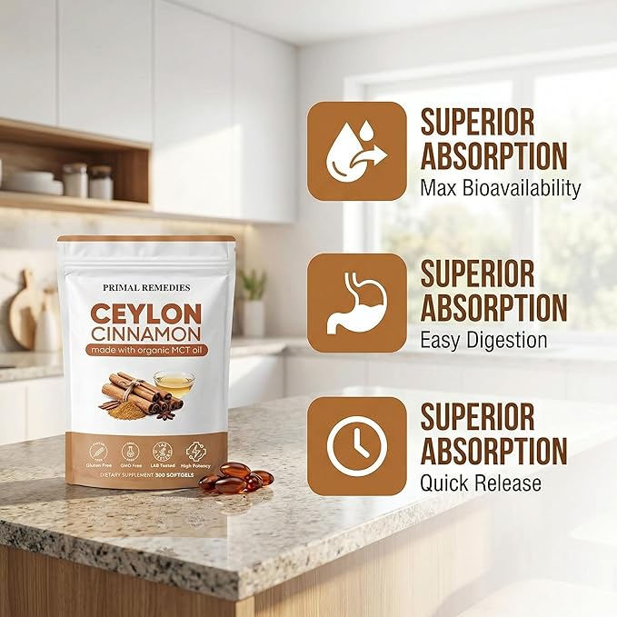 Primal Remedies Ceylon Cinnamon - 300 Softgels with MCT Oil Highly Bioavailable Non-GMO Gluten Free Vegan Capsules for Blood Sugar &amp Metabolism Support (1)