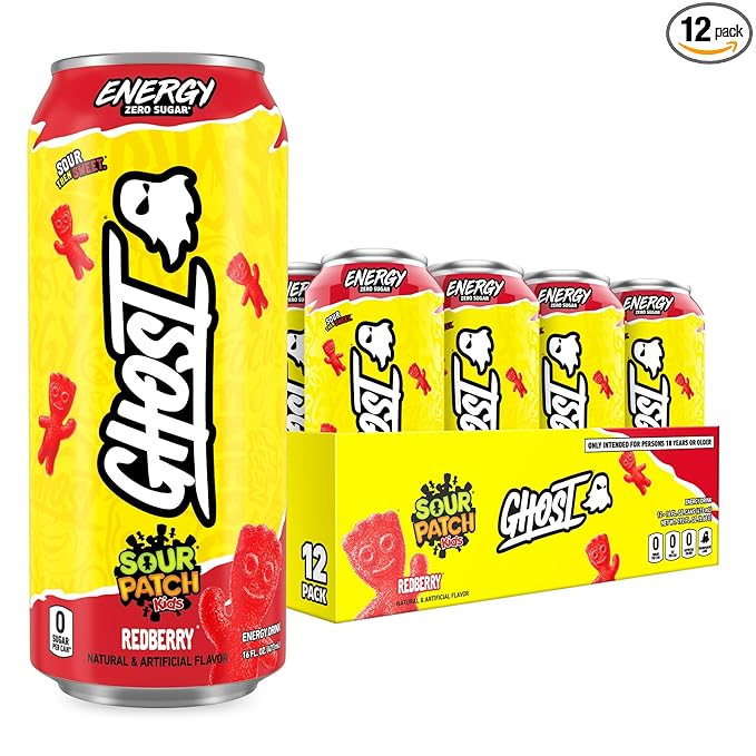 GHOST Energy Drink - 12-Pack Sour Patch Kids Redberry 16oz - Energy &amp Focus &amp No Artificial Colors - 200mg of Natural Caffeine L-Carnitine &amp Taurine - Gluten-Free &amp Vegan