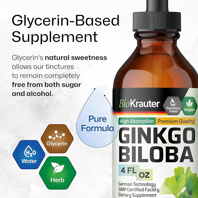 BIO KRAUTER® Ginkgo Biloba for Brain Support - Pure Vegan Ginkgo Biloba Supplement 670 mg - Supports Calm Focus &amp Memory - Alcohol &amp Sugar Free 4 Fl.Oz 56-Day Supply Liquid Drops for Brain