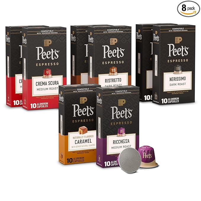 Peet's Coffee Dark Roast Espresso Capsules Variety Pack Compatible with Nespresso Original Machine - Intensity 8-11 80 Count (8 Boxes of 10 Espresso Capsules)