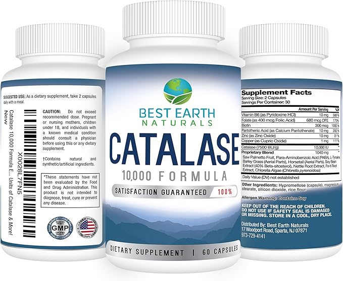 Best Earth Naturals Catalase Supplement 10000 with Saw Palmetto Biotin Fo-Ti PABA - Hair Supplements for Strong Hair - 60 Capsules
