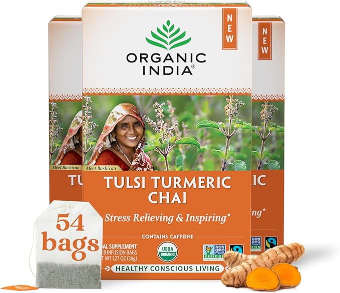 ORGANIC INDIA Tulsi Turmeric Chai Tea - Herbal Tea Bags with Caffeine Ginger Root Cinnamon Holy Basil Stress Relieving and Energizing Immune Support Helps Digestion - 18 Count Pack of 3