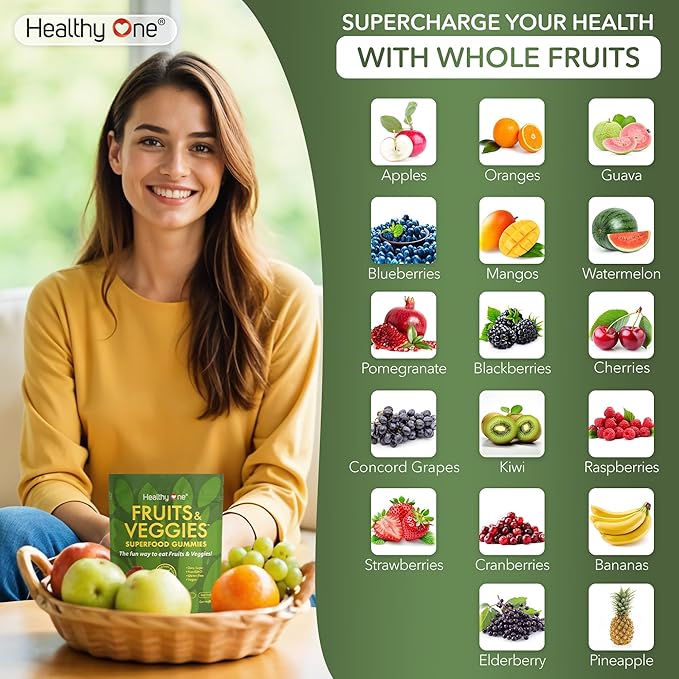 Fruits &amp Veggies Sugar-Free Gummies - 27 Whole Foods - Equals 3 Servings of Fruits &amp Vegetables - Improve Energy Focus &amp Immune Function - Fiber - Antioxidants - Organic Ingredients - 28