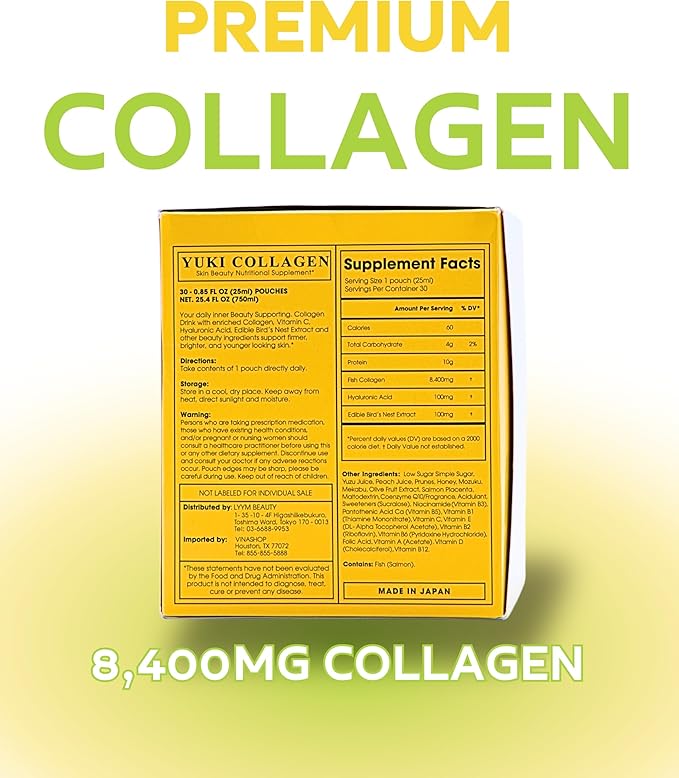 Yuki Premium Collagen Drink 8400mg Collagen with Hyaluronic Acid Bird's Nest Extract Fucoidan Extract CoQ10 and Vitamins 30 Pouches (25ml Each) Made in Japan