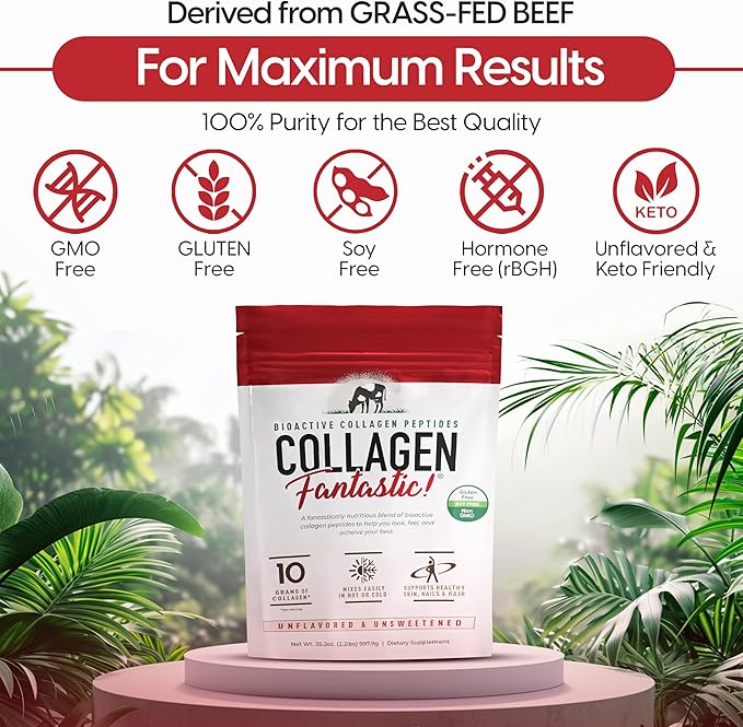 Collagen Peptides Powder Unflavored 2.2lb – Grass-Fed Bovine Protein for Joints Bones &amp Skin – Type I &amp III Hydrolyzed Collagen – Gluten-Free Non-GMO &amp Soy-Free – 90 Servings