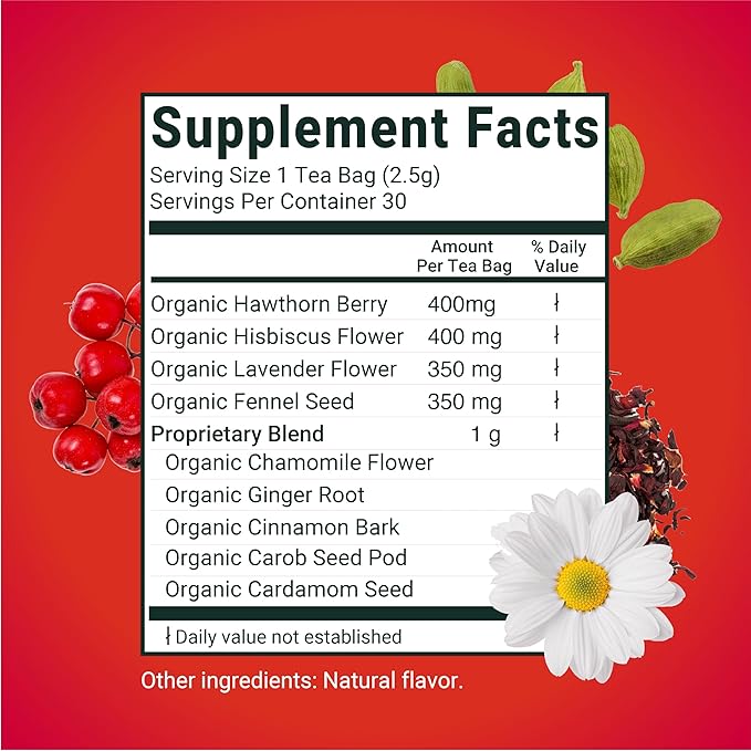 Herbaly Heart Functional Tea - 9 Superherbs - Natural Organic Non-GMO Caffeine-Free Sugar Free - 2 Pack 60 Pyramid Tea Bags