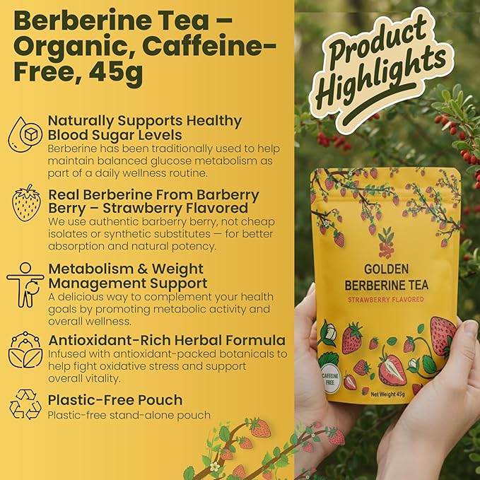 Berberine Tea 45g Natural Organic Caffeine-Free Blend Non-GMO Herbal in Plastic-Free Stand Alone Pouch Delicious Antioxidant for Immune Support (Strawberry)