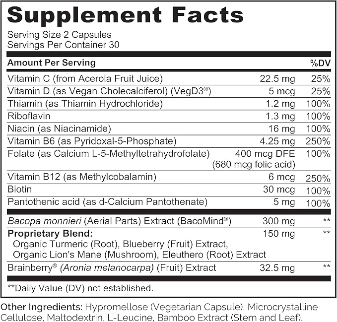 NATURELO Whole Food Brain Supplement - Brain Health Supplements for Memory &amp Focus Support - Enhance Brain Health Blend Supplement for Adults - 60 Vegetarian Capsules