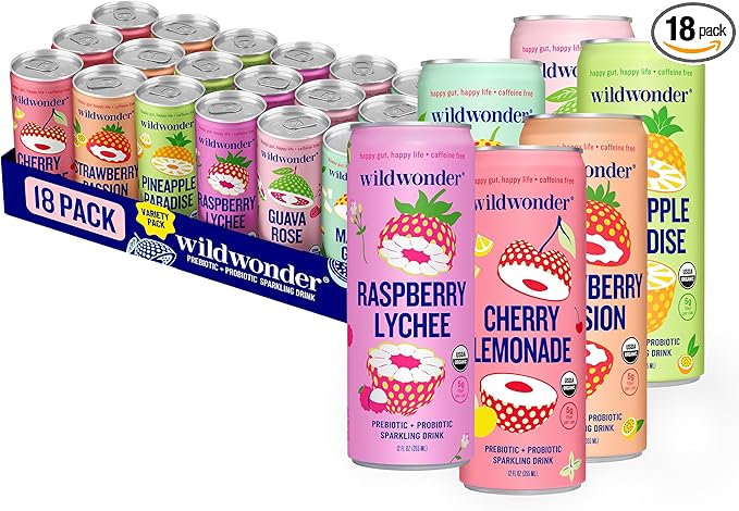 wildwonder Sparkling Probiotic Juice Drink 18pk w/Gut Health &amp Immunity Support 5g Prebiotic Fiber Live Probiotics Organic Vegan Low Sugar Sampler Pack 6 Flavors Seen on Shark Tank