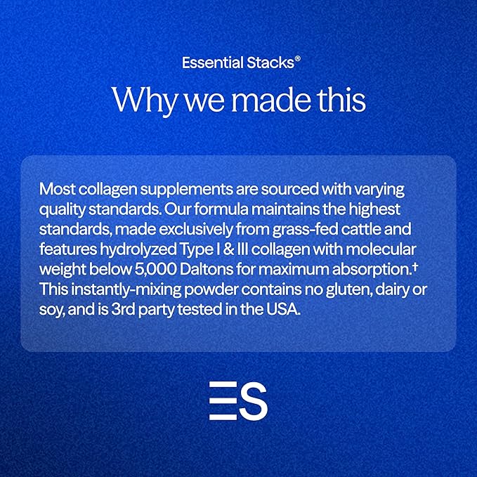 Essential Stacks Collagen Peptides Powder (from Grass Fed Cattle) - Gluten Dairy &amp Soy Free - Unflavored Hydrolyzed Collagen Supplement (10.6 oz)