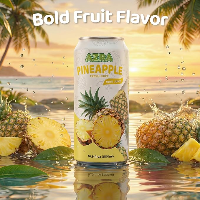 AZRA 100% Pineapple Juice – Fresh Organic Pineapple Taste in 500ml Cans – Zero Sugar Drinks Healthy Beverages Variety Pack for Kids and Adults – Bulk 100% Juice 12 Pack