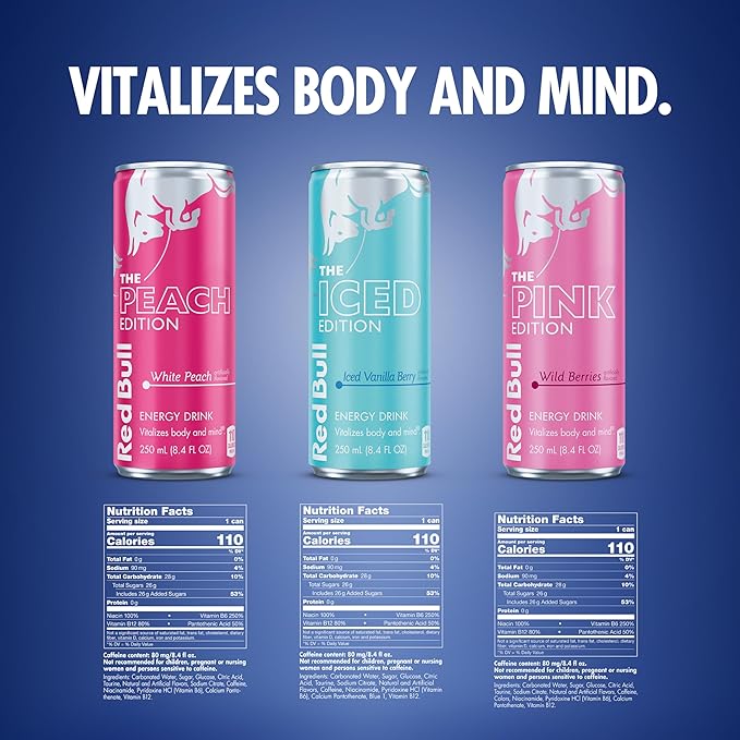 Red Bull Energy Drink Variety Pack White Peach Iced Vanilla Berry &amp Pink Edition Wild Berries 8.4 Fl Oz 24 Cans (2 Packs of 12)