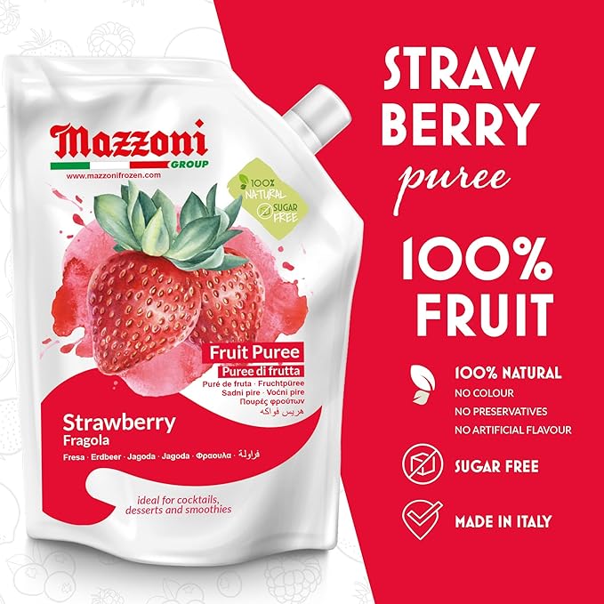 Mazzoni - Strawberry Puree 100% Pure Strawberries Just Fruit No Sugar Added Real Fruit Mixer for Cocktails Drinks Smoothies - 35.2 Fl Oz (2.2 lb) Convenient Pouch Made in Italy