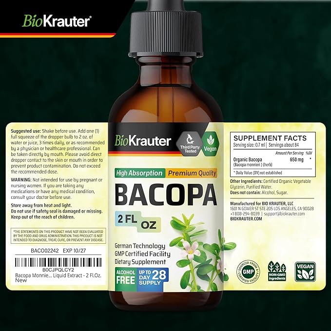 BIO KRAUTER® Bacopa Monnieri - Liquid Drops Bacopa Extract (Brahmi Powder) 650 mg per Serving 2 Fl.Oz 28-Day Supply - Pure Vegan Brain Supplement Supports Calm Focus &amp Memory - Alcohol &amp Sug