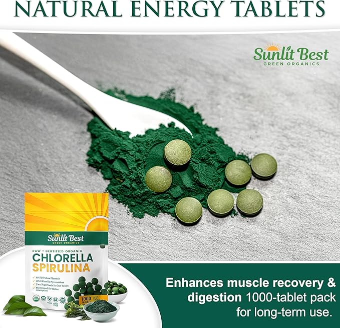Sunlit Best Chlorella Spirulina Tablets - Organic USDA Premium Spirulina and Chlorella Tablets 1000 Count - Sun Chlorella Pure Natural Superfood with Algae Enzymes Chlorophyll &amp Vegan Protein