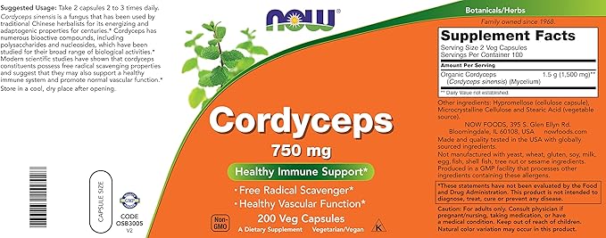 NOW Foods Cordyceps 750mg 200 Veg Caps - Organic Cordycep Sinensis Mycelium Mushroom in Non-Organic Capsules - Vegan Non-GMO