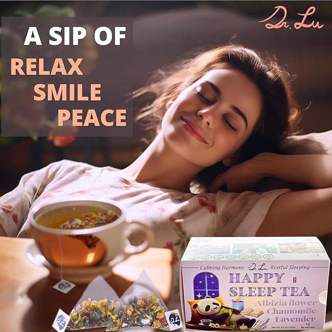 Dr. Lu’s Happy Sleep Tea | 100% Natural Calming Tea for Stress Relief | Bedtime tea for Fast Deep Restful Sleep | Handcrafted Sleepy Blend with Chamomile Lavender Lemon Balm &amp 8 More Relaxing