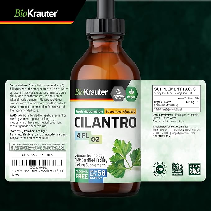 BIO KRAUTER® Cilantro for Detox Cleanse - Vegan Antioxidant Supplement Natural Cilantro Tincture 650 mg per Serving - Liquid Coriander Leaf Supplement Alcohol &amp Sugar Free 4 Fl.Oz 56-Day Supply