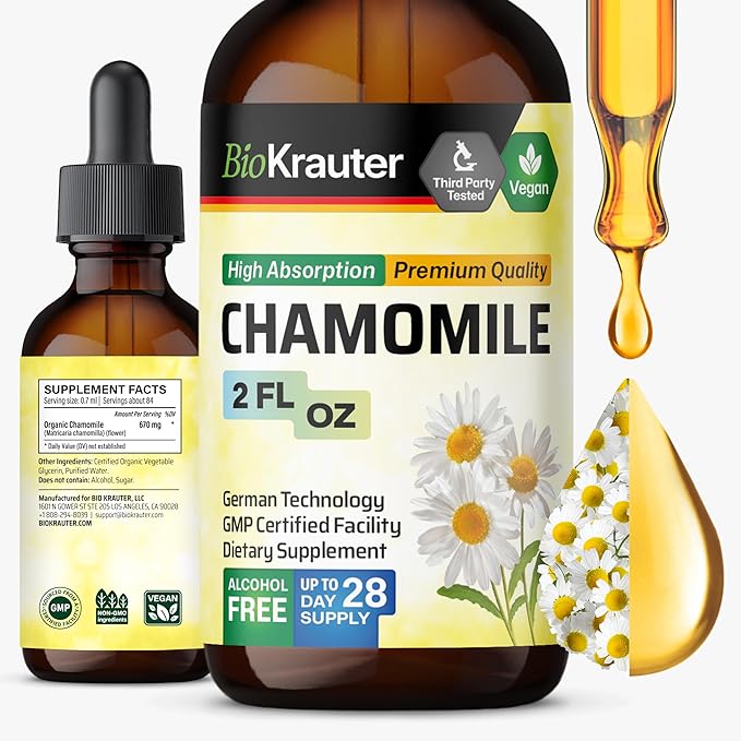 BIO KRAUTER® Chamomile Extract - Liquid Drops Pure Vegan Chamomile Supplement 670 mg per Serving 2 Fl.Oz 28-Day Supply - Used for Calm &amp Relax - Alcohol &amp Sugar Free - Natural Calm &amp Sleep