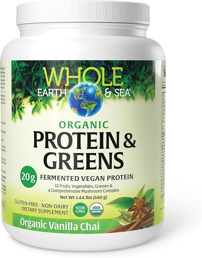Whole Earth &amp Sea from Natural Factors Organic Fermented Protein &amp Greens Vegan Whole Food Supplement Vanilla Chai 1 lb 7 Oz