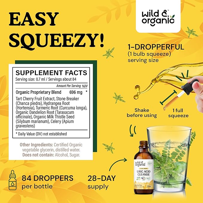 Wild &amp Organic Uric Acid Cleanse Drops - Tart Cherry Turmeric Chanca Piedra Stone Breaker Complex for Kidney Cleanse - Uric Acid Support Supplement - Vegan Sugar &amp Alcohol-Free Tincture - 2