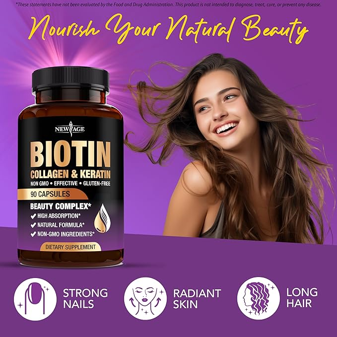 NEW AGE Biotin Collagen Keratin Hyaluronic Acid - 50000mcg Hair Growth Vitamins for Men and Women Nails Hair Skin Vitamins and DHT Blocker with Vitamin E Folic Acid Pumpkin Seed MSM - 90 Count