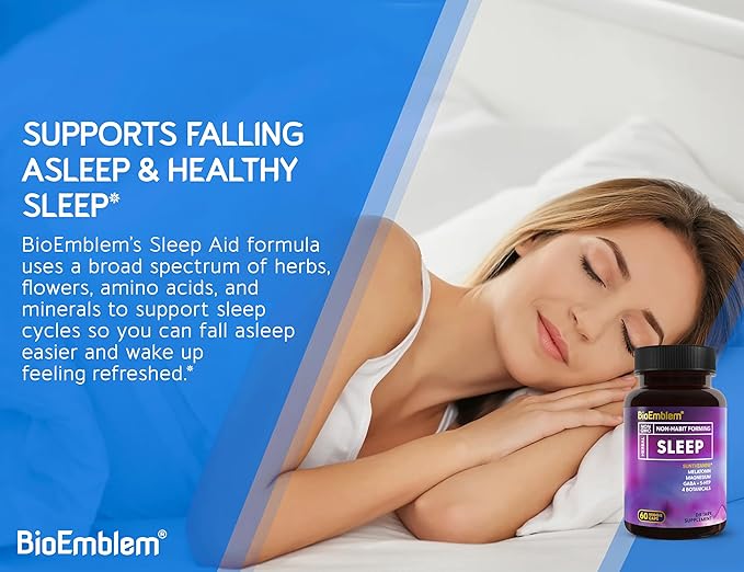 BioEmblem Natural Sleep Aid for Adults with Melatonin Valerian Root Suntheanine &amp More | Healthy Sleep Supplement | Herbal Sleeping Pills | 60 Capsules