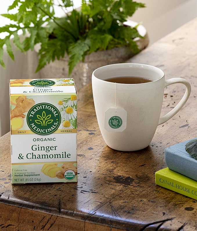 Traditional Medicinals Organic Ginger &amp Chamomile Herbal Tea Relieves Occasional Indigestion or Nausea (Pack of 3) - 48 Tea Bags Total