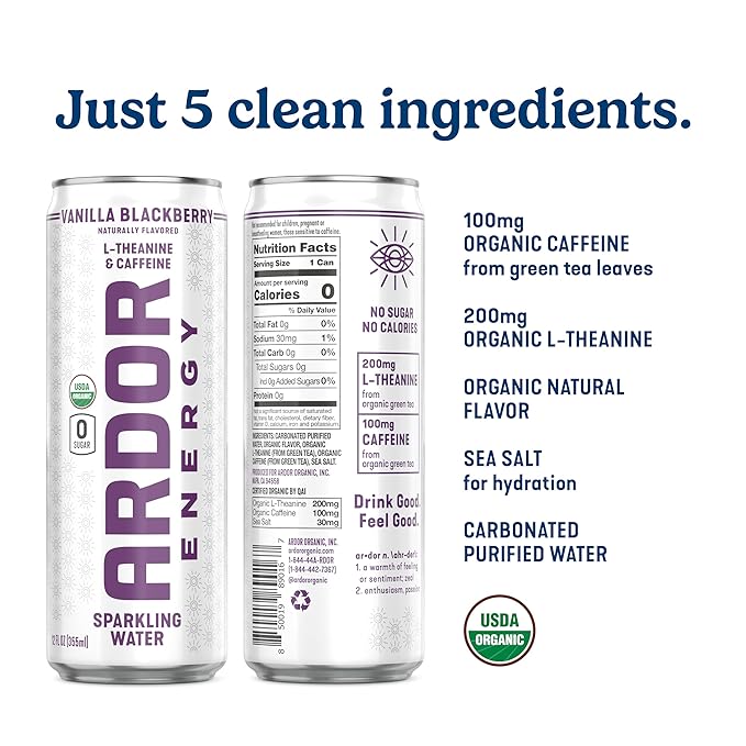 ARDOR ENERGY Sparkling Water with 100mg Natural Caffeine &amp 200mg L-Theanine from Organic Green Tea for Smooth Energy &amp Focus | Healthy Energy Drink | No Sugar Zero Calories Vegan Gluten-Fre
