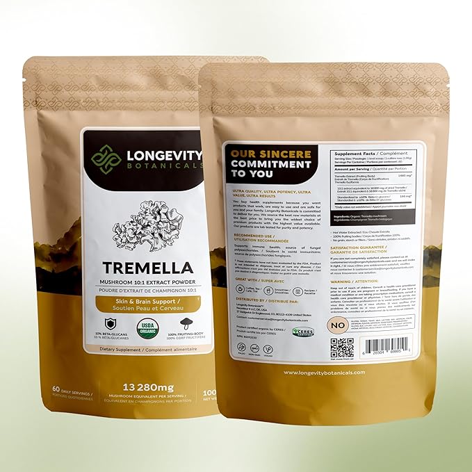 Organic Tremella Mushroom Powder Supplement 10:1 Extract 100g | Snow Fungus Fuciformis 100% Fruiting Body | ≥30% Beta-D-Glucans | 60 Servings of 1660mg | Skin Hydration Complexion &amp Beauty Suppo