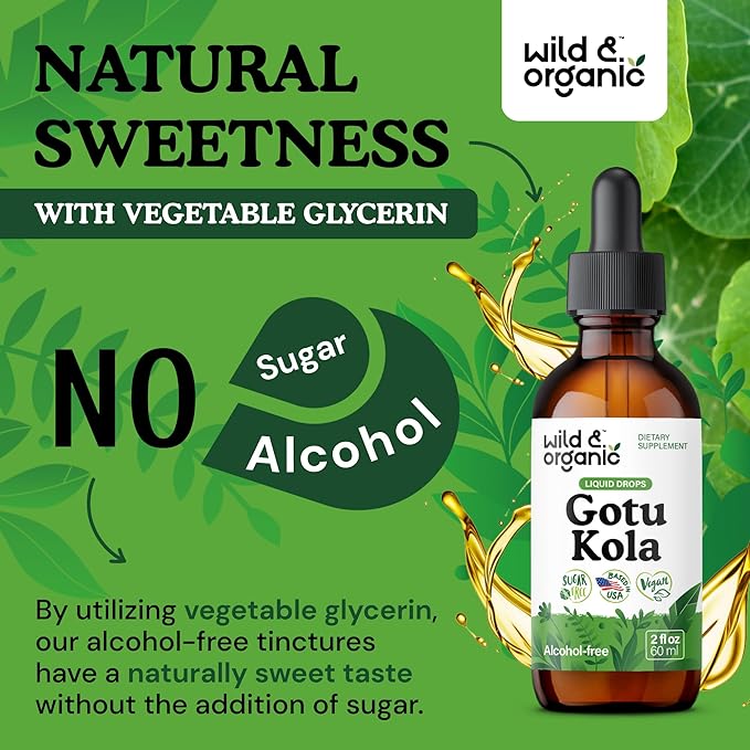 Wild &amp Organic Gotu Kola Herb Tincture - Brain Support - Gotu Kola Liquid Extract Drops - Vegan Sugar &amp Alcohol-Free Centella Asiatica Supplement - 2 fl oz