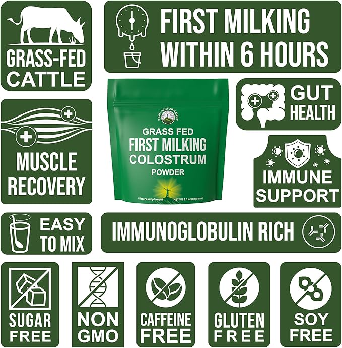 First Milking Colostrum Powder from Grass Fed USA Cows Milked Within 6 Hours of Giving Birth to Get the Most Bioactive Nutrients. High Immunoglobulin Non-GMO Bovine Colostrum Supplement for Humans
