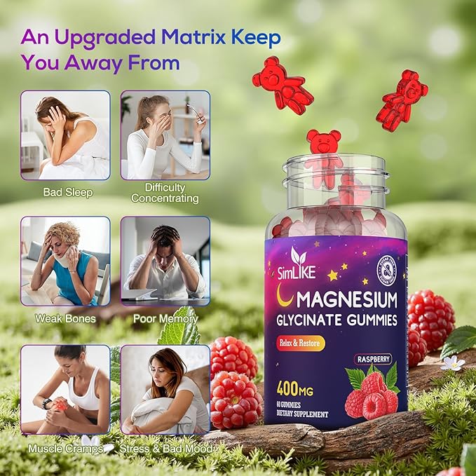 Magnesium Glycinate Gummies 400mg High Absorption Magnesium Gummies with L-Theanine Ashwagandha &amp GABA for Relaxation Stress Relief &amp Sleep Sugar Free Vegan 60 Raspberry
