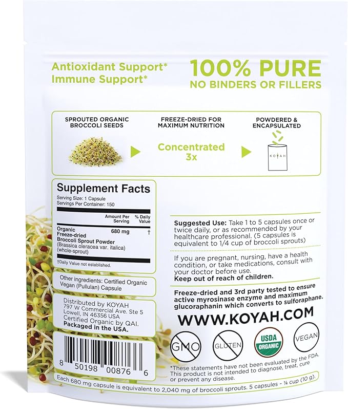 KOYAH - Organic Broccoli Sprout Capsules – Freeze-Dried Whole Broccoli Sprouts – 3rd Party Tested for Active Myrosinase &amp Glucoraphanin (Sulforaphane Glucosinolate) - 150 Capsules